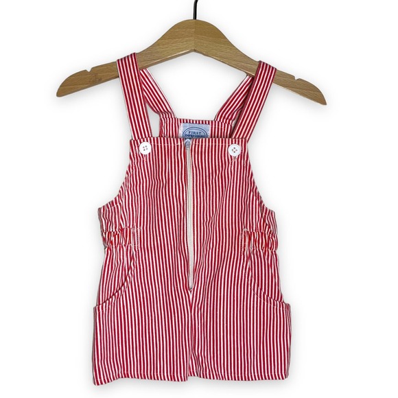 Vintage 90s Red Railroad Stripe Red White Overalls Shorts Romper 6m 12m - Picture 1 of 4